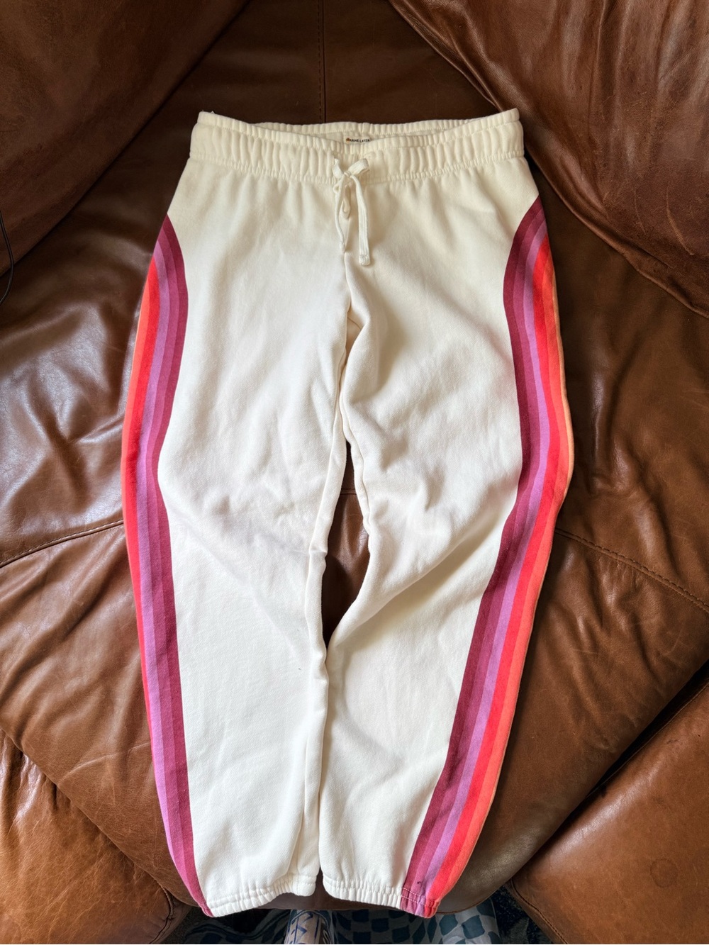Marine Layer Kids Cream Sweatpants with Pink & Red Side Stripes